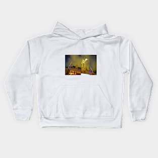 Gothic effect, double image and zoom blur effect creating erie impressionist image of towm hall or Rathaus in Vienna., Austria. Kids Hoodie